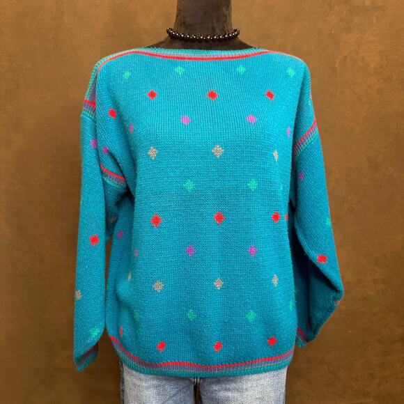Vintage Jason Maxwell Sweater 80s Geometric Knit Turquoise Pullover Korea XL - Picture 1 of 9